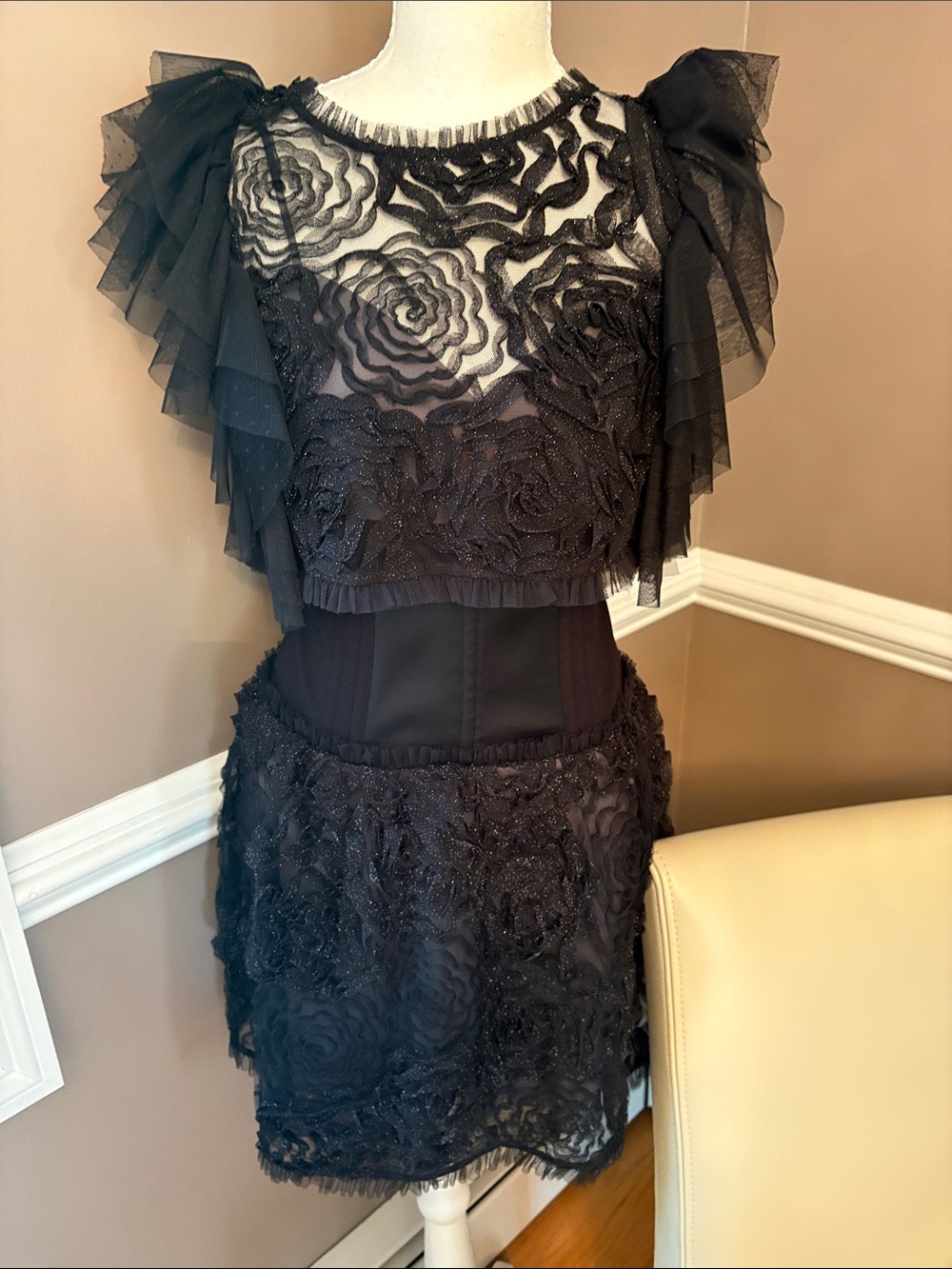 BCBGMaxAzria Black Sheer Lace Mini Dress with Ruffled Sleeves